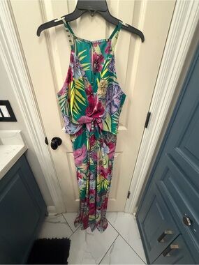 Fashion Nova Tropical Halter Jumpsuit in Teal, Pink & Yellow